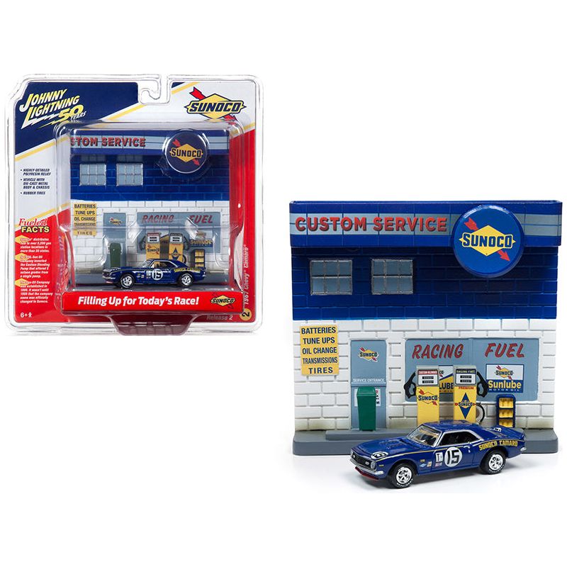 1967 Chevrolet Camaro #15 "Sunoco" with "Sunoco" Exterior Service Gas Station Facade Diorama Set "Johnny Lightning 50th Anniversary" 1/64 Diecast Model Car by Johnny Lightning