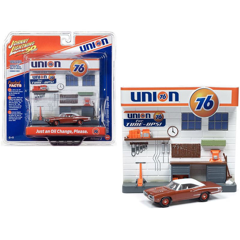 1970 Dodge Coronet Super Bee Brown with White Top and "Union 76" Interior Service Gas Station Facade Diorama Set "Johnny Lightning 50th Anniversary" 1/64 Diecast Model Car by Johnny Lightning