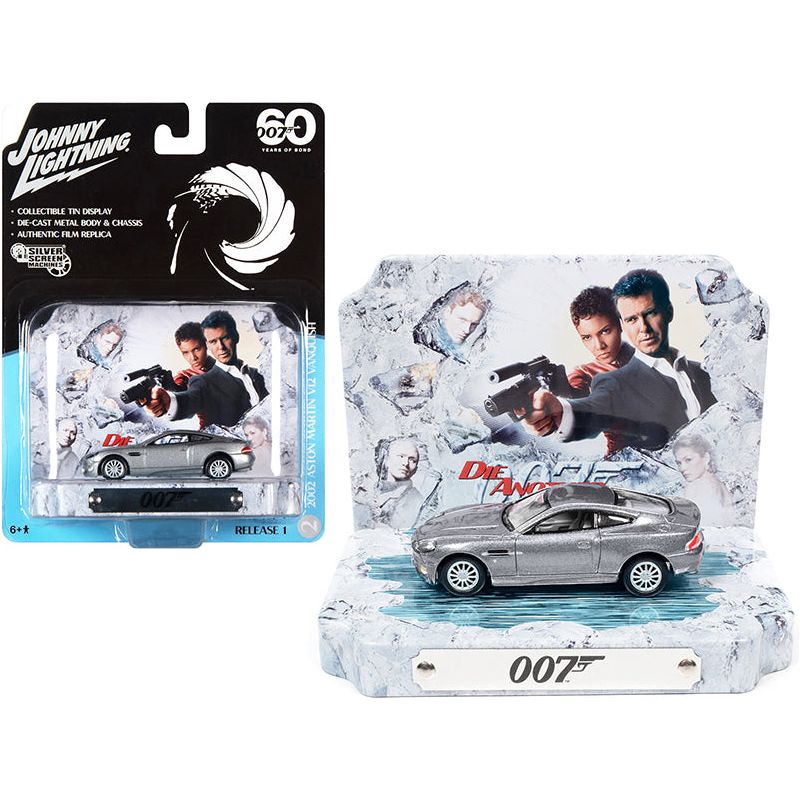 2002 Aston Martin V12 Vanquish Tungsten Silver Metallic with Collectible Tin Display "007" (James Bond) "Die Another Day" (2002) Movie "60 Years Of Bond" 1/64 Diecast Model Car by Johnny Lightning