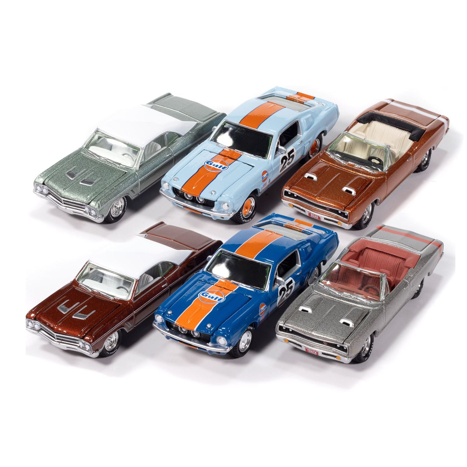 Six classic toy cars, including Gulf racing Mustang.