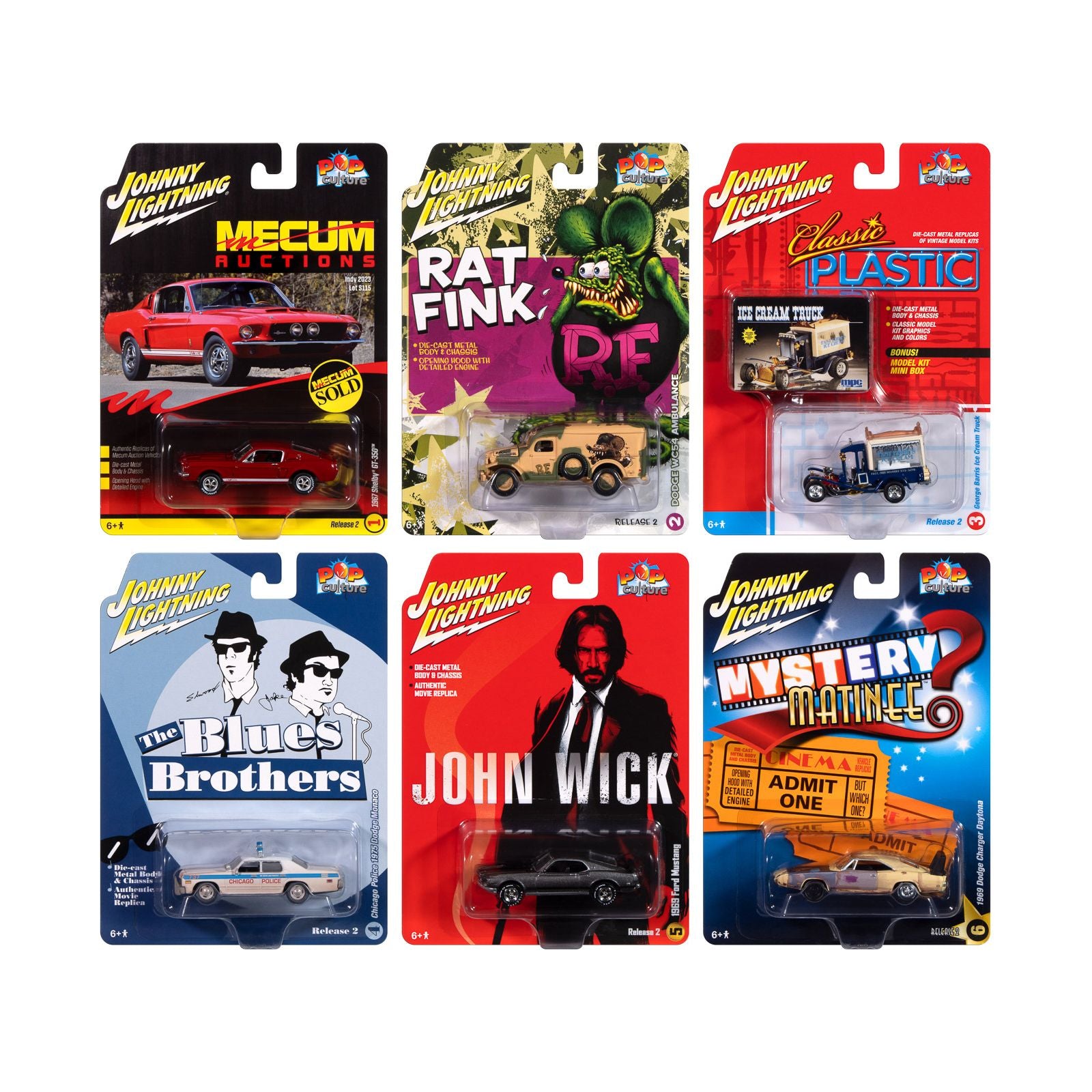 Pop Culture 2024 Set of 6 Cars Release 2 1/64 Diecast Model Cars by Johnny Lightning