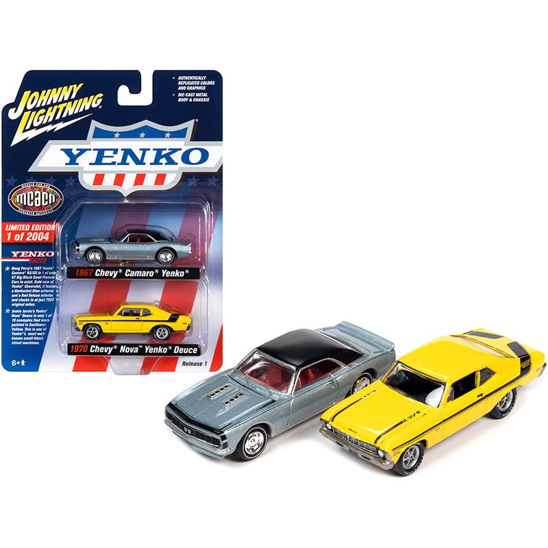 1967 Chevrolet Camaro Yenko Blue Metallic with Black Top and 1970 Chevrolet Nova Yenko Deuce Yellow MCACN (Muscle Car & Corvette Nationals) Set of 2 Cars Limited Edition to 2004 pieces Worldwide 1/64 Diecast Model Cars by Johnny Lightning