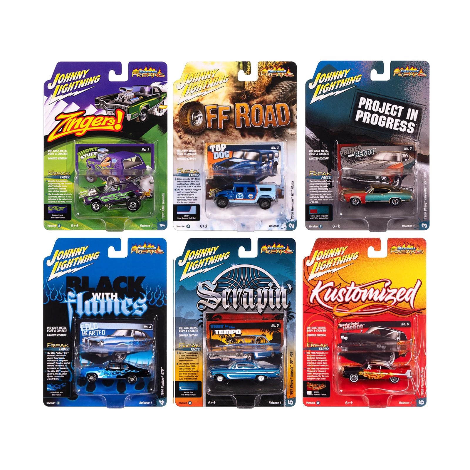 "Street Freaks" 2025 Release 1 Set B of 6 Cars 1/64 Diecast Model Cars by Johnny Lightning