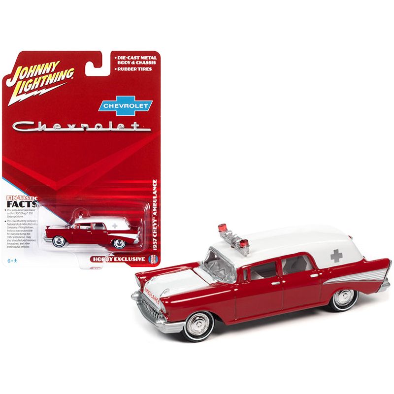 1957 Chevrolet Ambulance Kosmos Red and White with White Interior 1/64 Diecast Model Car by Johnny Lightning