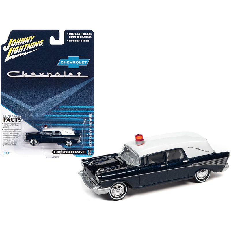 1957 Chevrolet Hearse Metisse Blue Metallic with White Top 1/64 Diecast Model Car by Johnny Lightning