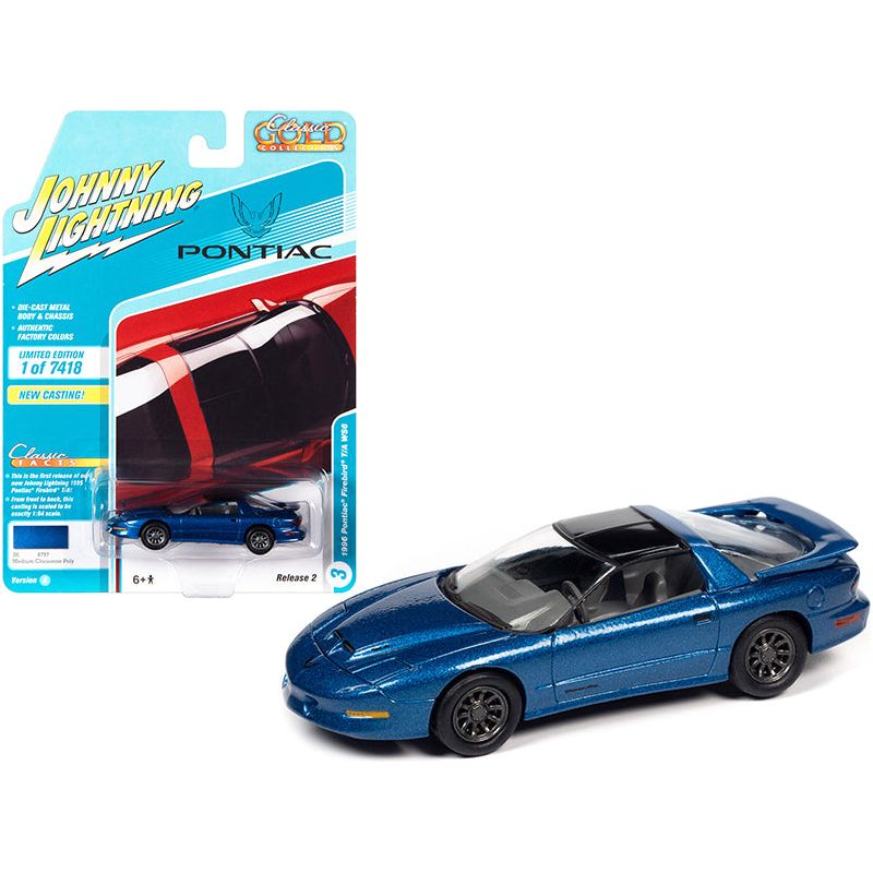 1996 Pontiac Firebird Trans Am T/A WS6 Medium Cloisonne Blue Metallic with Black Top "Classic Gold Collection" Limited Edition to 7418 pieces Worldwide 1/64 Diecast Model Car by Johnny Lightning