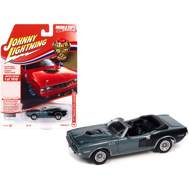 1971 Plymouth Barracuda Convertible Winchester Gray Metallic with Black Hemi Side Billboards "Class of 1971" Limited Edition to 7418 pieces Worldwide "Muscle Cars USA" Series 1/64 Diecast Model Car by Johnny Lightning