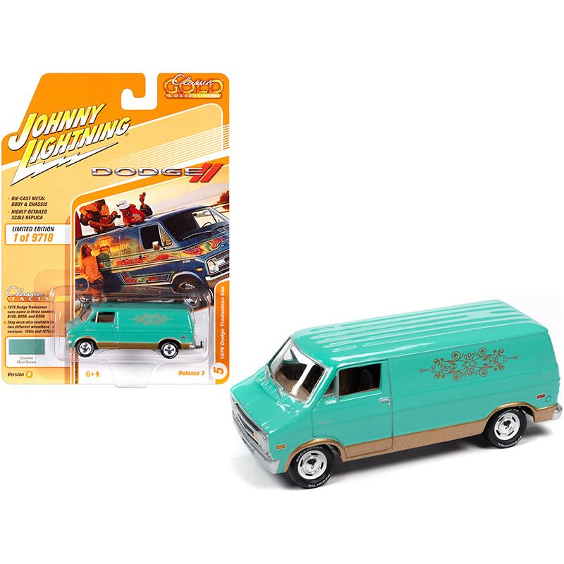 1976 Dodge Tradesman Van Custom Mint Green and Gold with Graphics "Classic Gold Collection" Series Limited Edition to 9718 pieces Worldwide 1/64 Diecast Model Car by Johnny Lightning