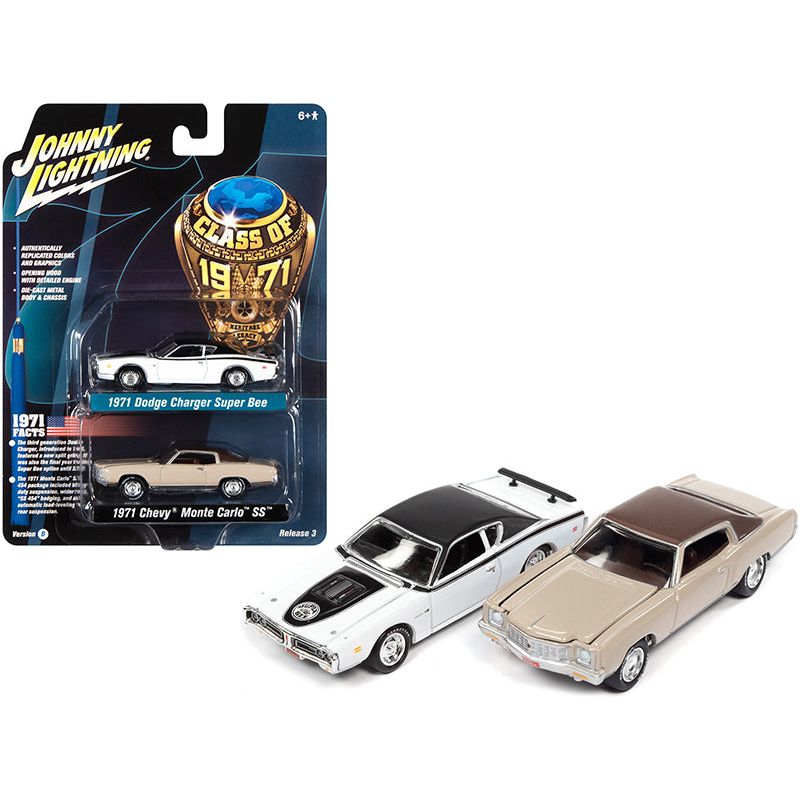 1971 Dodge Charger Super Bee White and 1971 Chevrolet Monte Carlo SS Sandalwood Brown "Class of 1971" Set of 2 Cars 1/64 Diecast Model Cars by Johnny Lightning