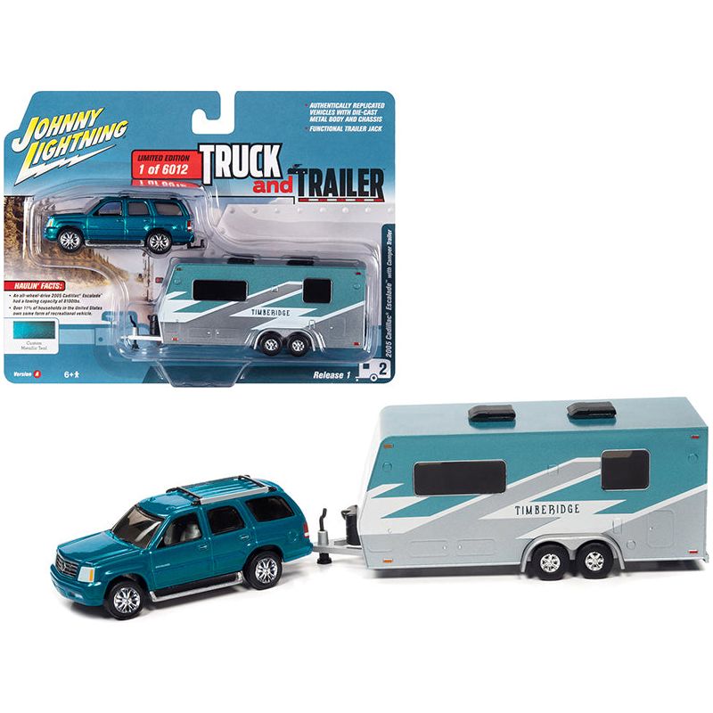 2005 Cadillac Escalade Teal Metallic with Camper Trailer Limited Edition to 6012 pieces Worldwide "Truck and Trailer" Series 1/64 Diecast Model Car by Johnny Lightning