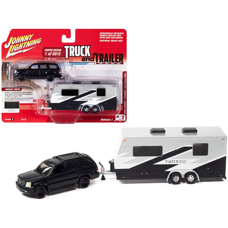 2005 Cadillac Escalade Matt Black with Camper Trailer Limited Edition to 6012 pieces Worldwide "Truck and Trailer" Series 1/64 Diecast Model Car by Johnny Lightning