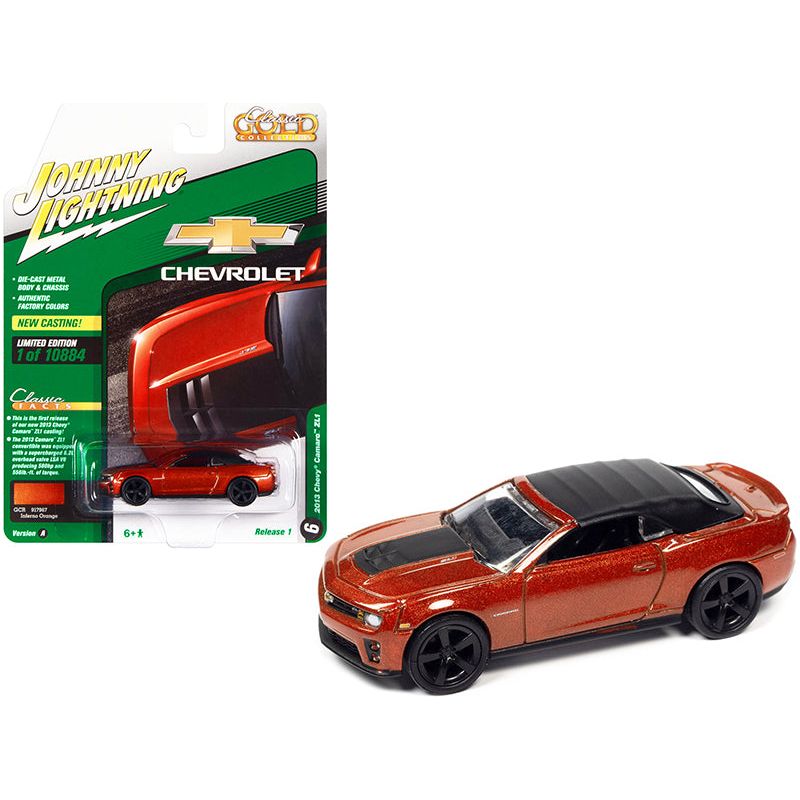 2013 Chevrolet Camaro ZL1 Convertible (Top Up) Inferno Orange Metallic with Black Top "Classic Gold Collection" Series Limited Edition to 10884 pieces Worldwide 1/64 Diecast Model Car by Johnny Lightning