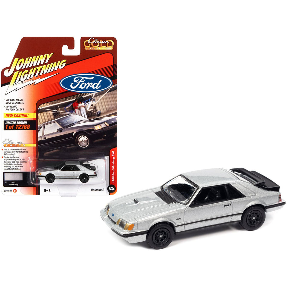 1986 Ford Mustang SVO Silver Metallic with Black Stripes "Classic Gold Collection" Series Limited Edition to 12768 pieces Worldwide 1/64 Diecast Model Car by Johnny Lightning