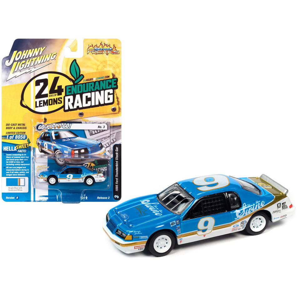 1986 Ford Thunderbird Stock Car #9 Bright Blue "Go-Po-Po-Go!" 24 Hours of Lemons "Street Freaks" Series Limited Edition to 8058 pieces Worldwide 1/64 Diecast Model Car by Johnny Lightning