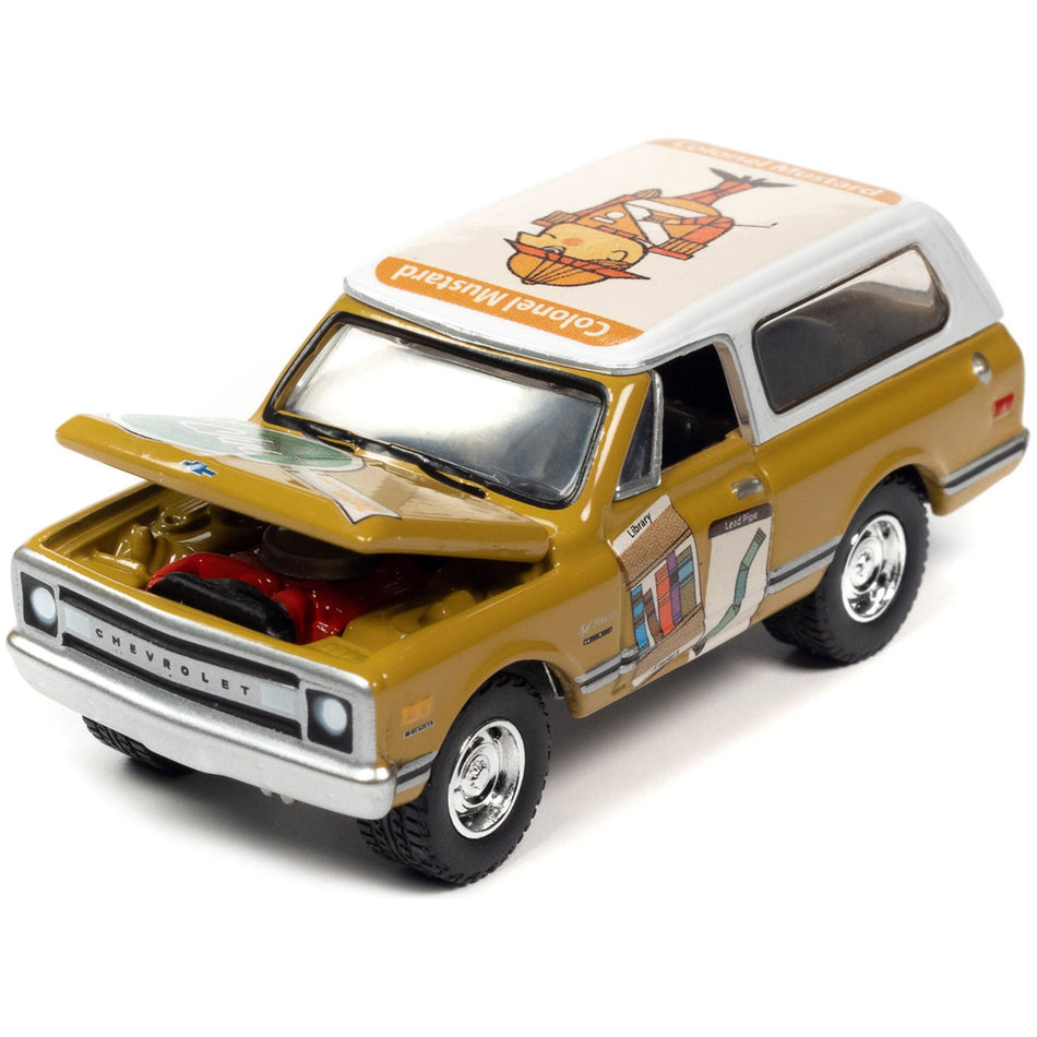 1970 Chevrolet Blazer Mustard Yellow with White Top (Colonel Mustard) w/Poker Chip Collector's Token "Vintage Clue" "Pop Culture" 2022 Release 2 1/64 Diecast Model Car by Johnny Lightning