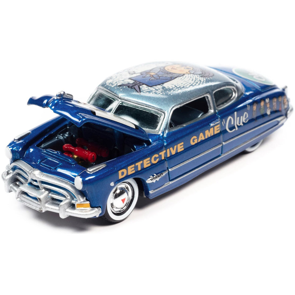 1951 Hudson Hornet Blue Metallic "Vintage Clue Mrs. Peacock" with Poker Chip Collector's Token "Pop Culture" 2022 Release 3 1/64 Diecast Model Car by Johnny Lightning