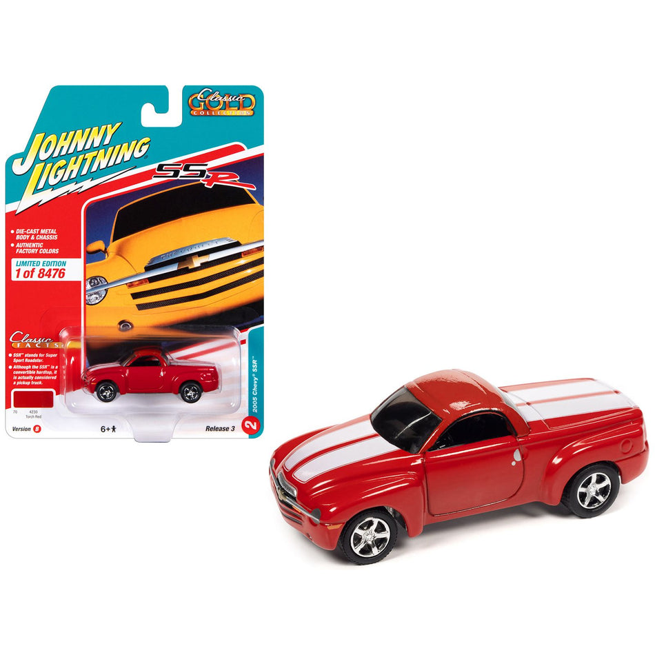 2005 Chevrolet SSR Pickup Truck Torch Red with White Stripes "Classic Gold Collection" Series Limited Edition to 8476 pieces Worldwide 1/64 Diecast Model Car by Johnny Lightning