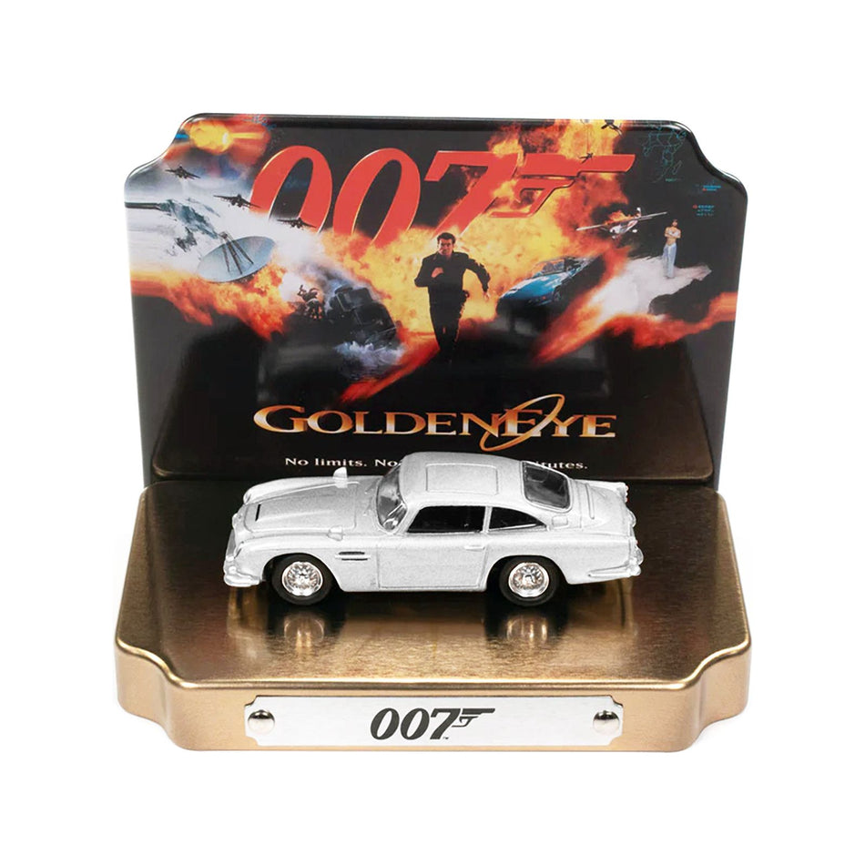 Aston Martin DB5 RHD (Right Hand Drive) Silver Metallic 007 (James Bond) "GoldenEye" (1995) Movie with Collectible Tin Display "Silver Screen Machines" Series 1/64 Diecast Model Car by Johnny Lightning