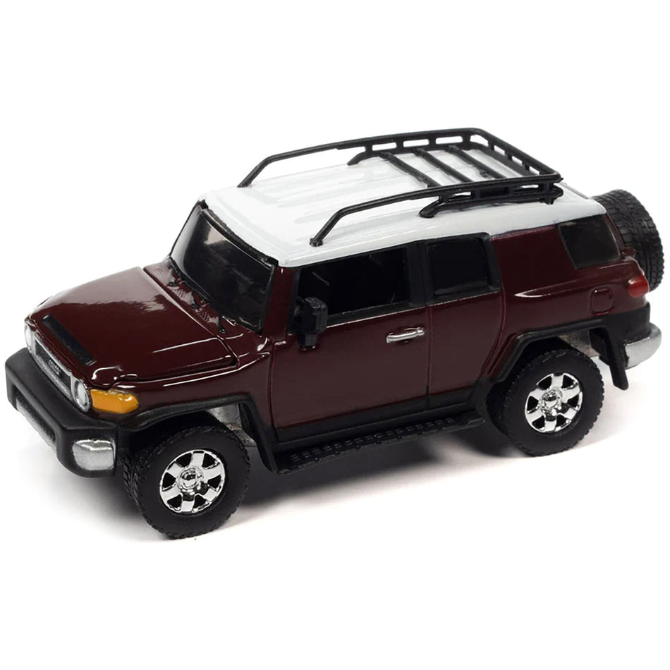 2010 Toyota FJ Cruiser Brick Red with White Top and Roof Rack with Camping Trailer Limited Edition to 7360 pieces Worldwide "Tow & Go" Series 1/64 Diecast Model Car by Johnny Lightning