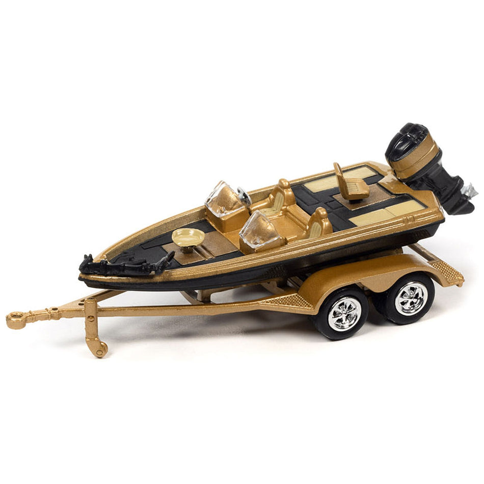 1980 Chevrolet Monte Carlo Light Camel Gold Metallic with Bass Boat and Trailer Limited Edition to 7264 pieces Worldwide "Tow & Go" Series 1/64 Diecast Model Car by Johnny Lightning