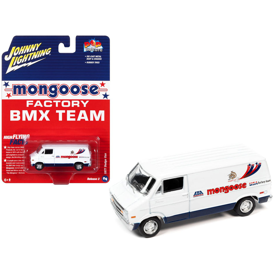 1977 Dodge Van White with Graphics "Mongoose Factory BMX Team" "Pop Culture" 2023 Release 2 1/64 Diecast Model Car by Johnny Lightning