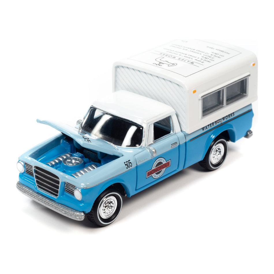 1960 Studebaker Pickup Truck Light Blue and Blue Two-Tone with Camper "Water Works" with Game Token "Monopoly" "Pop Culture" 2023 Release 2 1/64 Diecast Model Car by Johnny Lightning