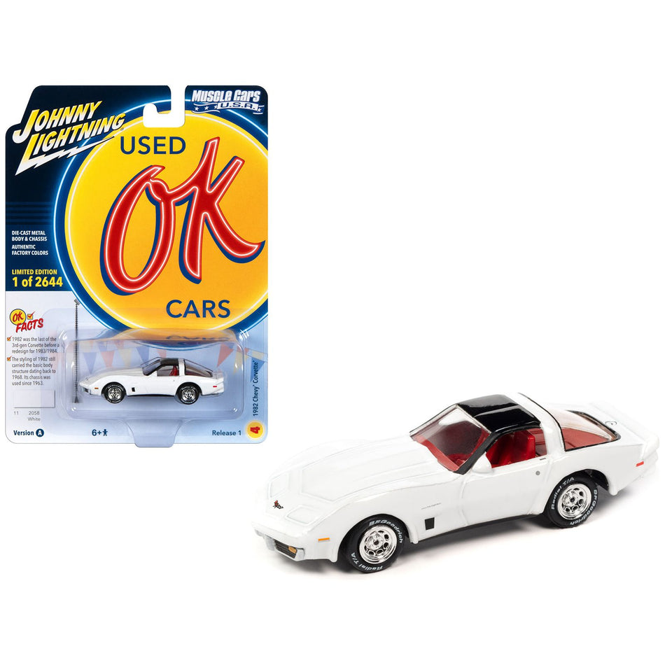 1982 Chevrolet Corvette White with Black Top and Red Interior Limited Edition to 2644 pieces Worldwide "OK Used Cars" 2023 Series 1/64 Diecast Model Car by Johnny Lightning