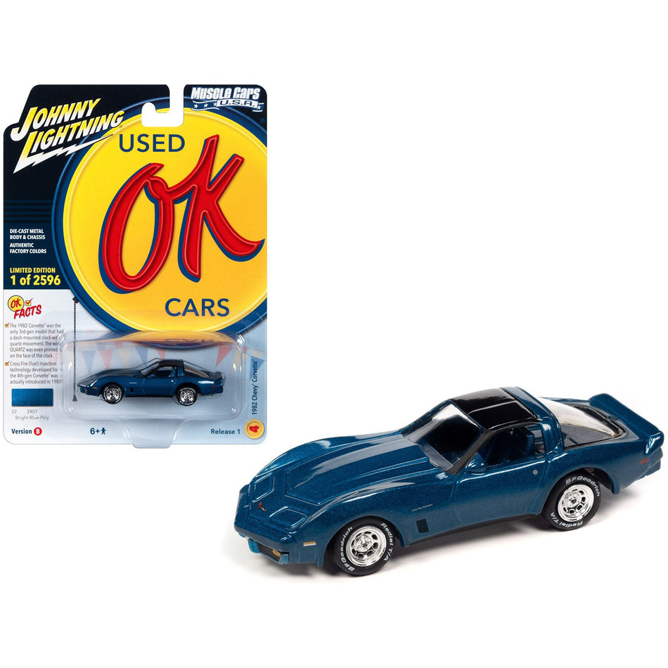 1982 Chevrolet Corvette Bright Blue Metallic with Black Top and Blue Interior Limited Edition to 2596 pieces Worldwide "OK Used Cars" 2023 Series 1/64 Diecast Model Car by Johnny Lightning