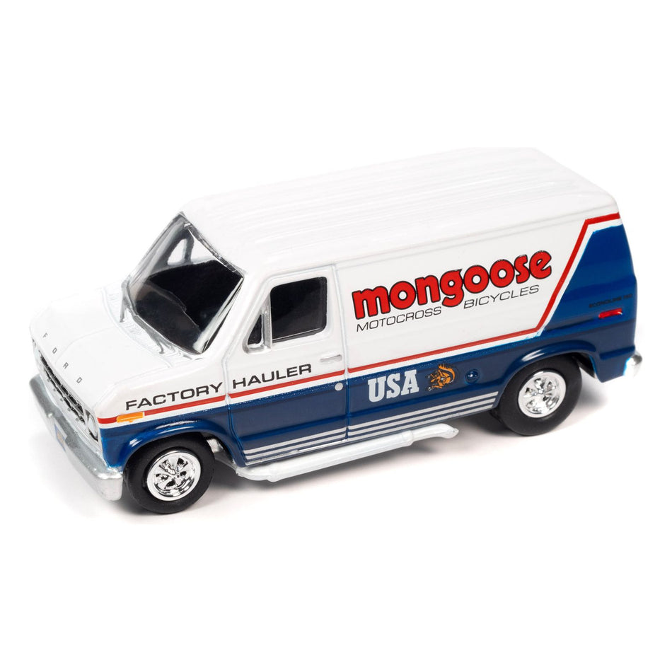 1965 Volkswagen Type 2 Transporter Van Black and Red "Schwinn" and 1976 Ford Econoline Van White and Blue "Mongoose USA Factory Team" "BMX Freestyle" Set of 2 Cars "2-Packs" 2023 Release 2 1/64 Diecast Model Cars by Johnny Lightning