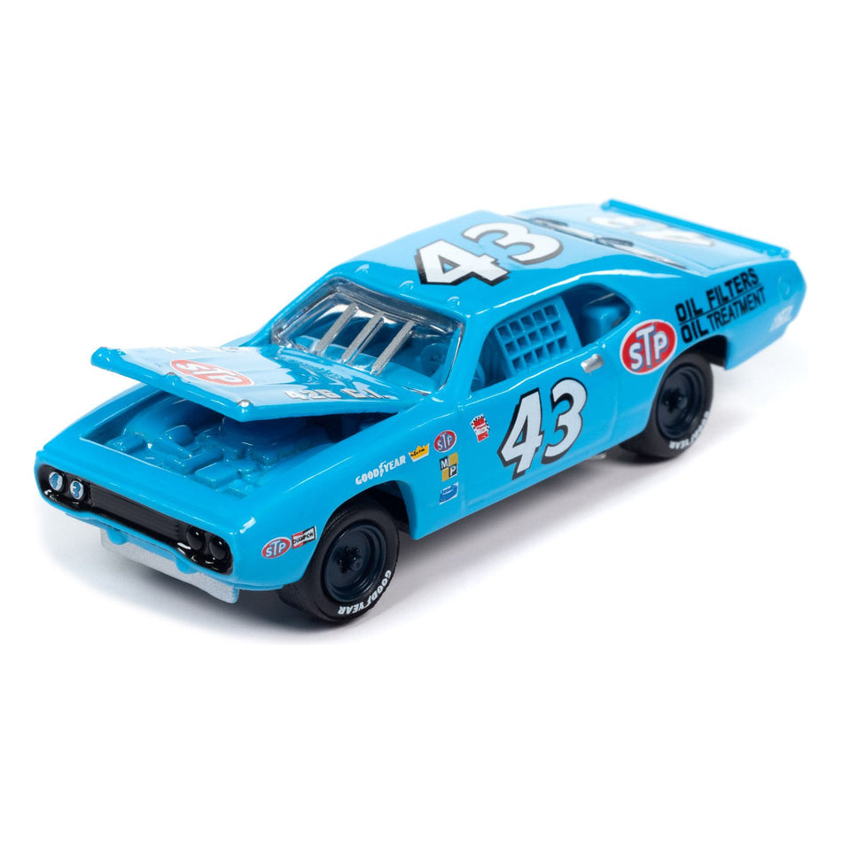 1972 Plymouth Road Runner Stock Car #43 Richard Petty "STP" Blue "Pop Culture" 2023 Release 3 1/64 Diecast Model Car by Johnny Lightning