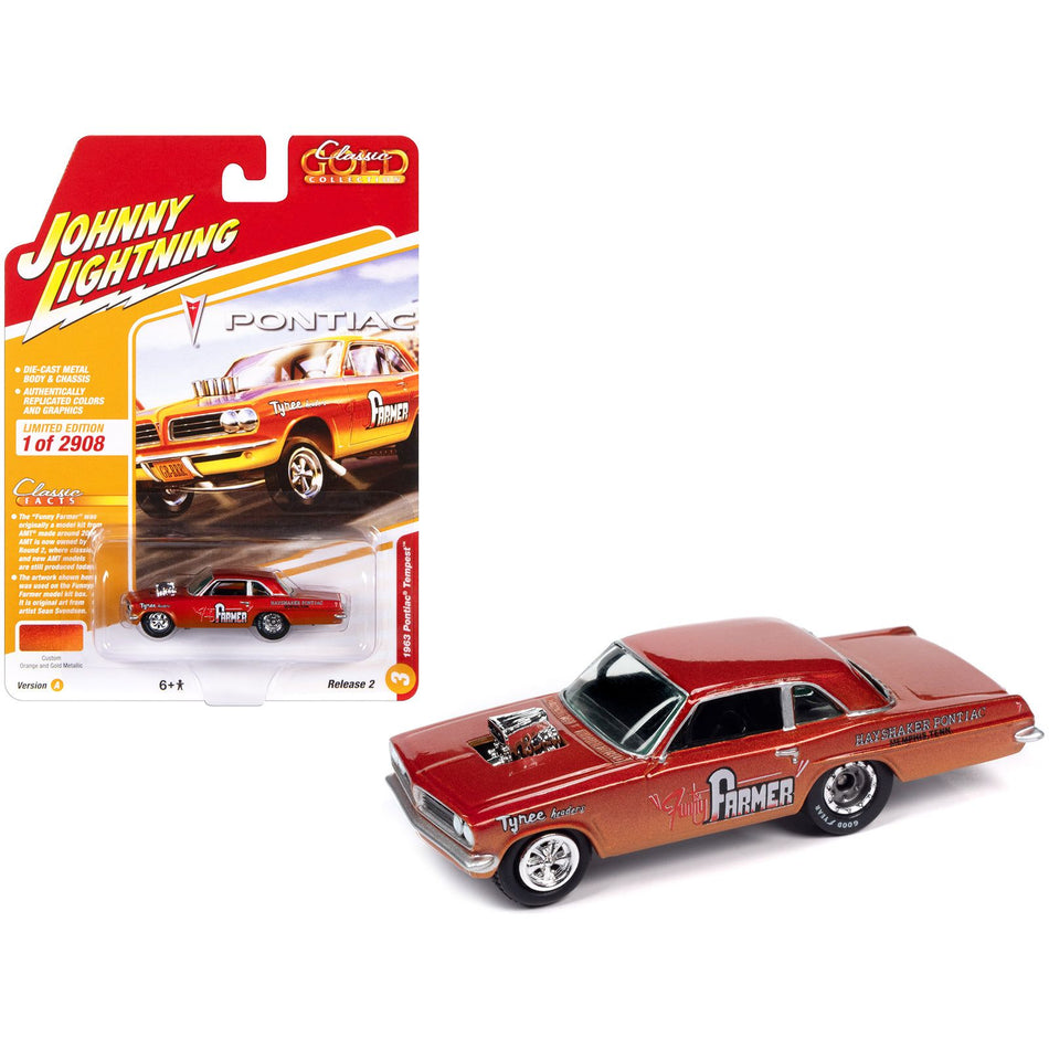 1963 Pontiac Tempest "Funny Farmer" Orange and Gold Metallic "Classic Gold Collection" 2023 Release 2 Limited Edition to 2908 pieces Worldwide 1/64 Diecast Model Car by Johnny Lightning