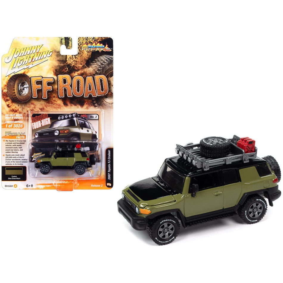 2007 Toyota FJ Cruiser "Furlough the Four-High" Olive Green with Black Hood and Top and Roof Rack "Off Road" Limited Edition to 3028 pieces Worldwide "Street Freaks" Series 1/64 Diecast Model Car by Johnny Lightning