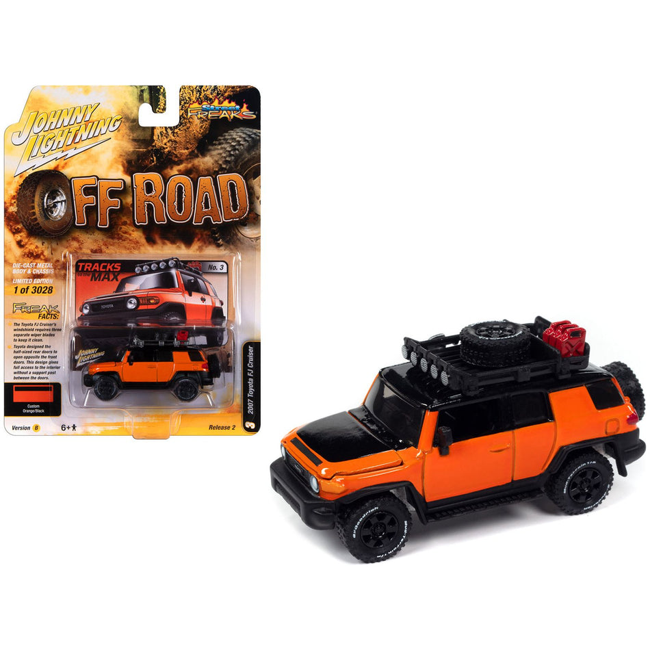 2007 Toyota FJ Cruiser "Tracks to the Max" Orange with Black Hood and Top and Roof Rack "Off Road" Limited Edition to 3028 pieces Worldwide "Street Freaks" Series 1/64 Diecast Model Car by Johnny Lightning