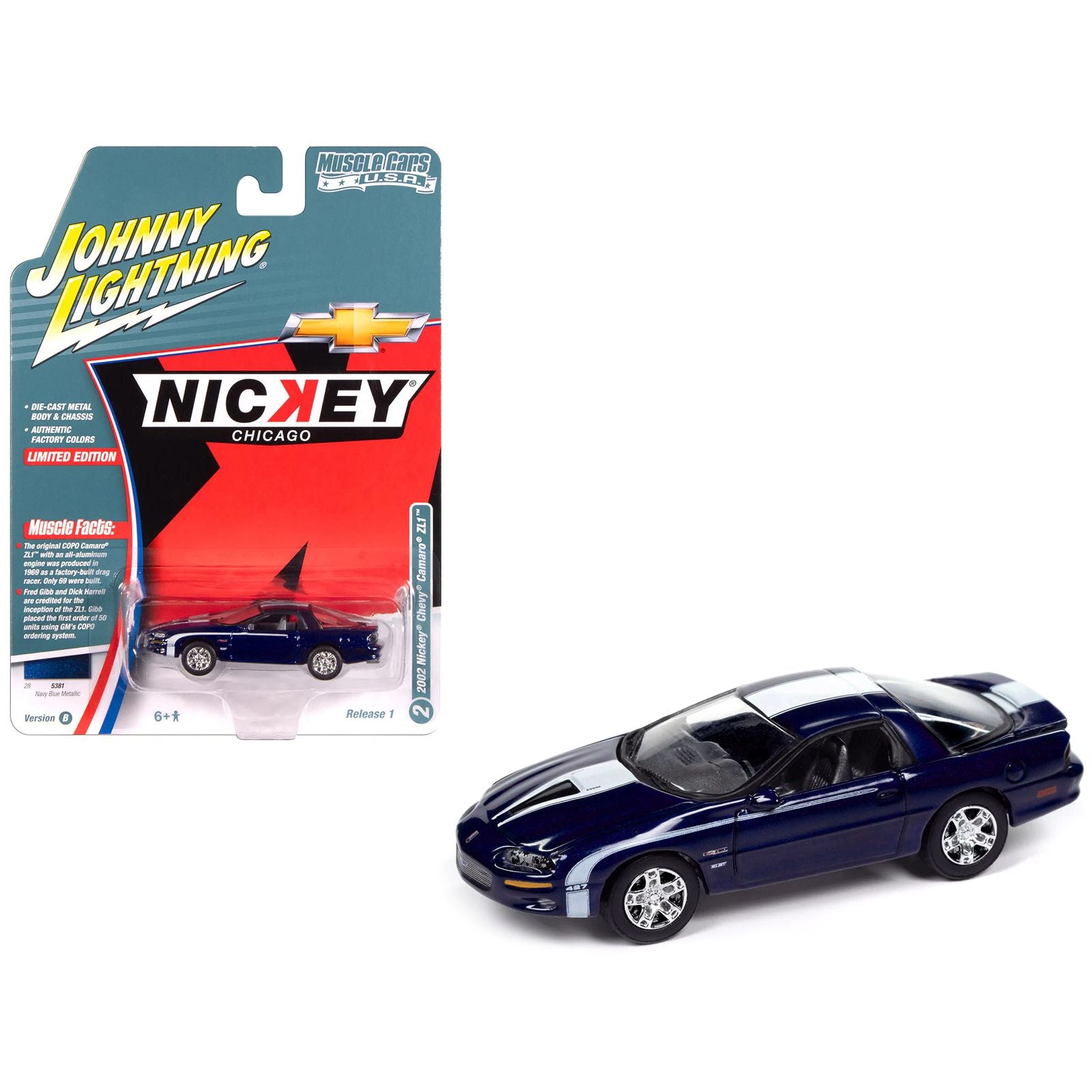 2002 Chevrolet Nickey Camaro ZL1 Navy Blue Metallic with White Stripes "Muscle Cars USA" Series 1/64 Diecast Model Car by Johnny Lightning