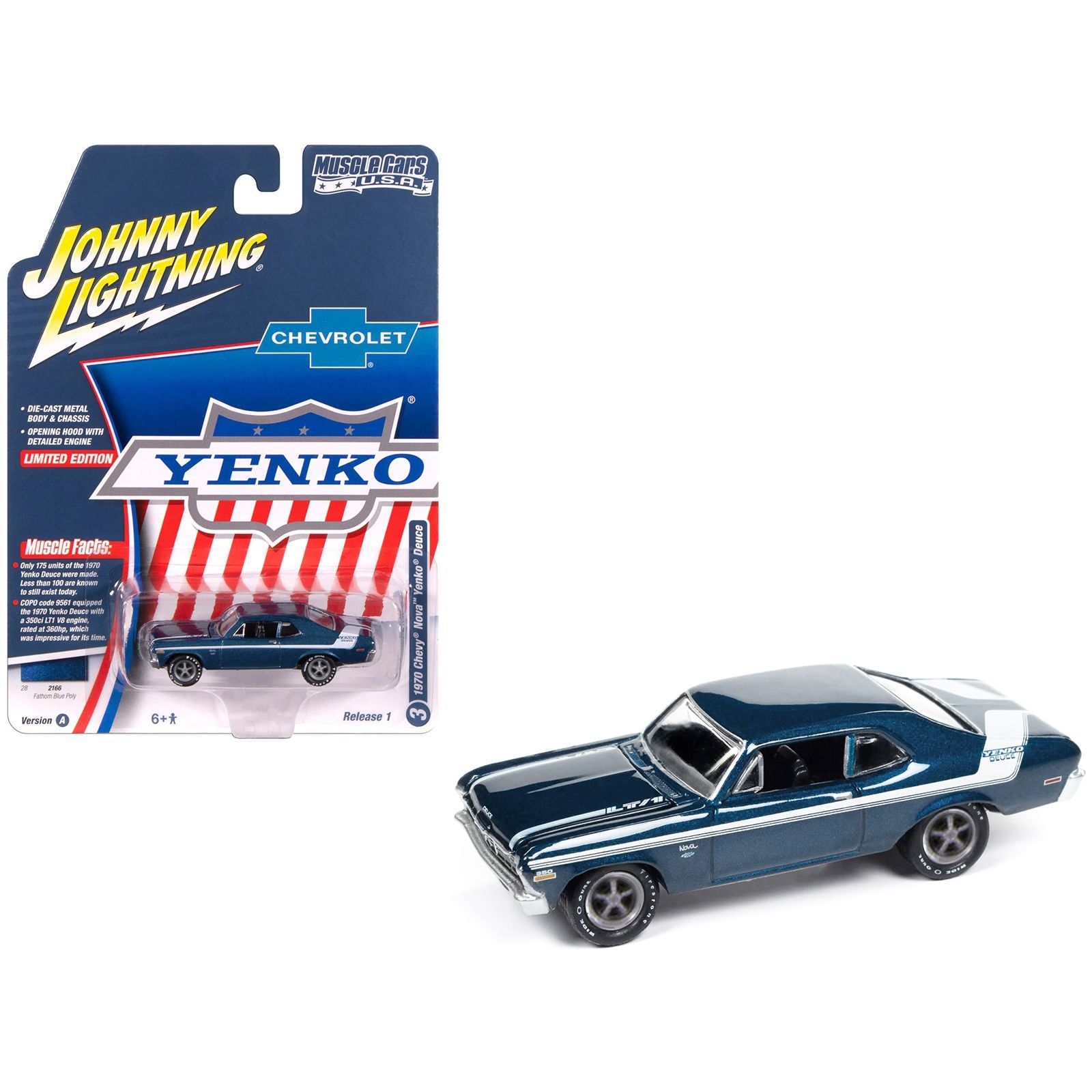 1970 Chevrolet Nova Yenko Deuce Fathom Blue Metallic with White Stripes "Muscle Cars USA" Series 1/64 Diecast Model Car by Johnny Lightning