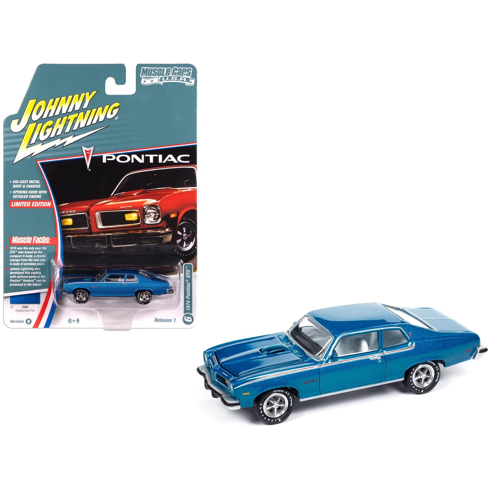 1974 Pontiac GTO Regatta Blue Metallic with White Interior "Muscle Cars USA" Series 1/64 Diecast Model Car by Johnny Lightning