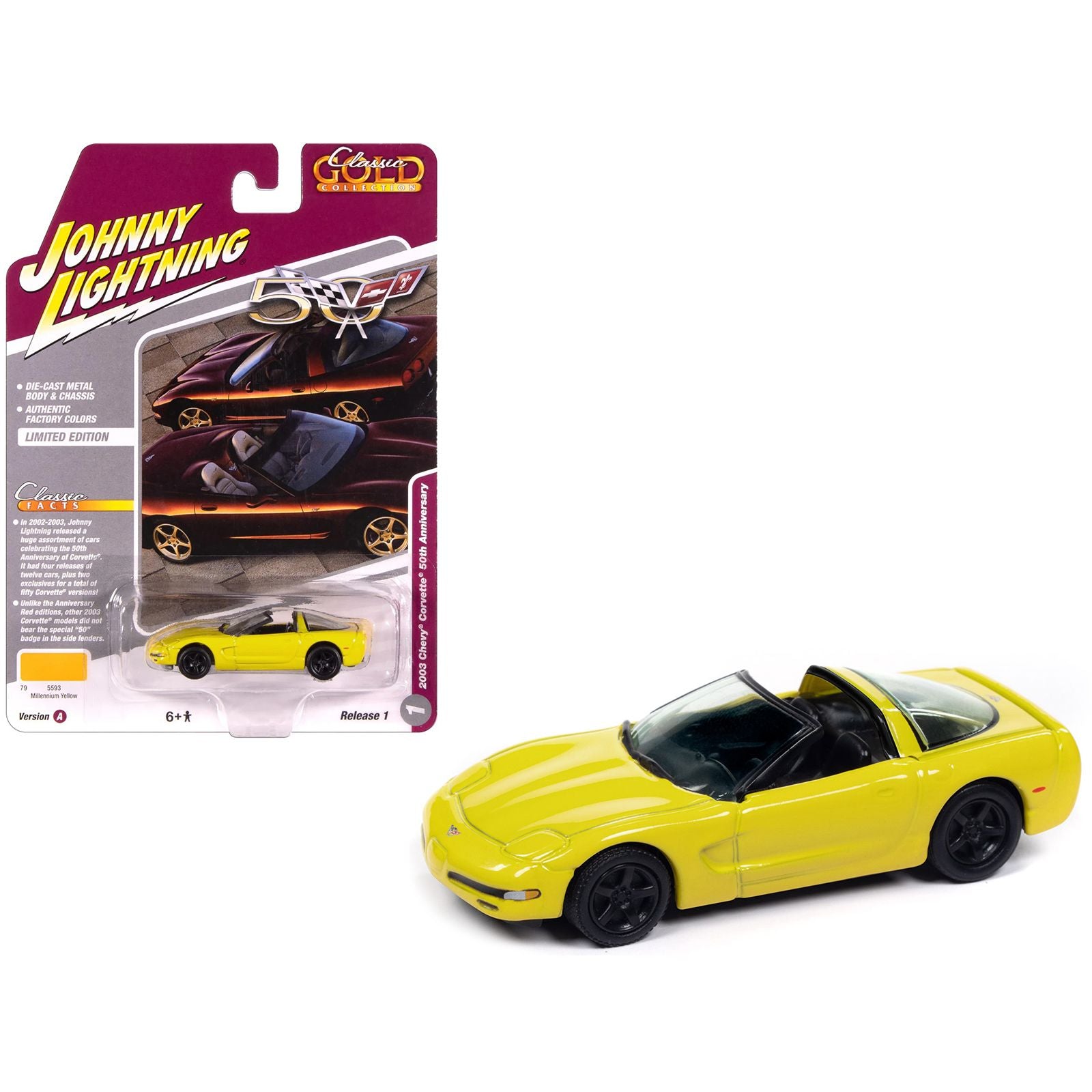 2003 Chevrolet Corvette Convertible "50th Anniversary" Millennium Yellow "Classic Gold Collection" 1/64 Diecast Model Car by Johnny Lightning