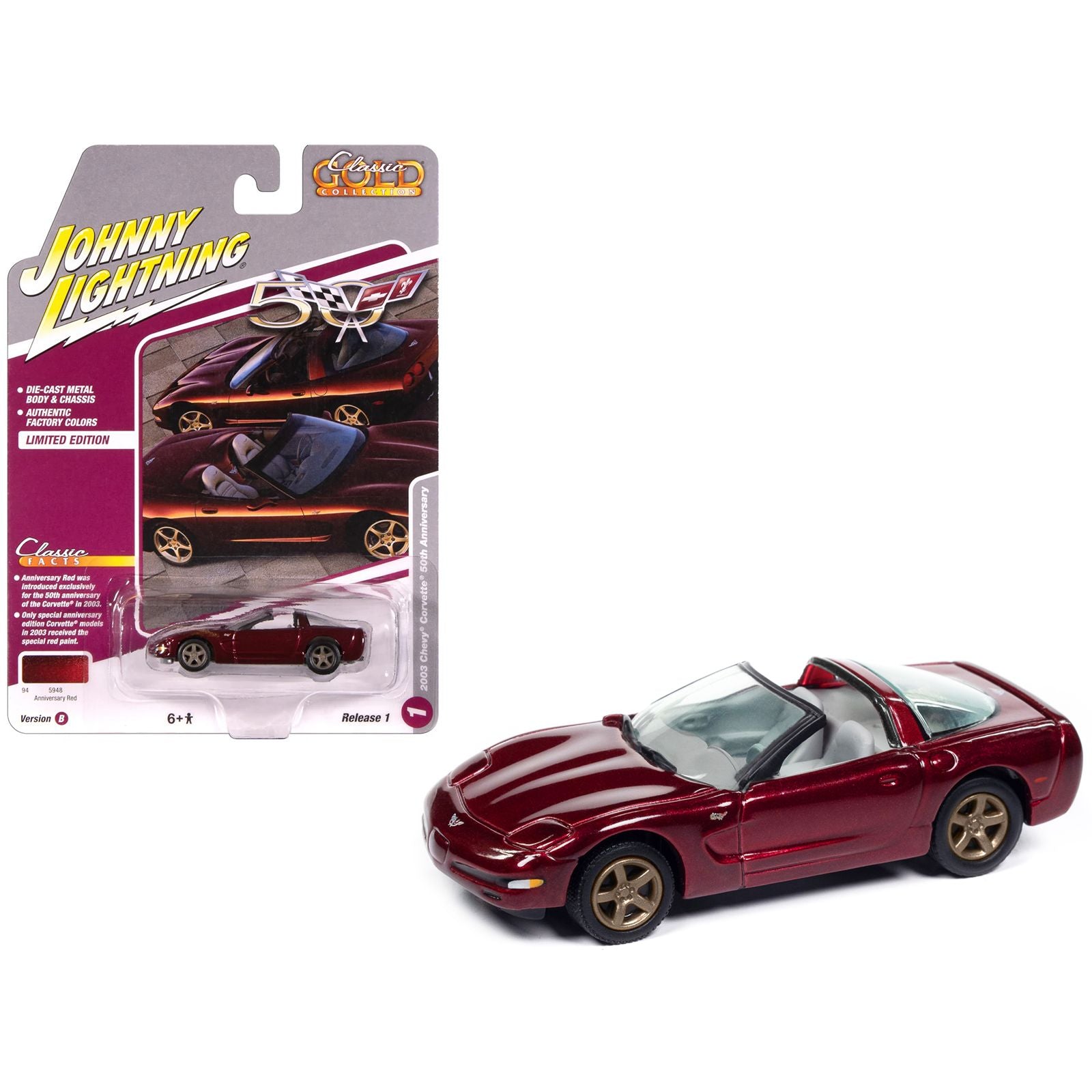 2003 Chevrolet Corvette Convertible "50th Anniversary" Anniversary Red Metallic "Classic Gold Collection" 1/64 Diecast Model Car by Johnny Lightning