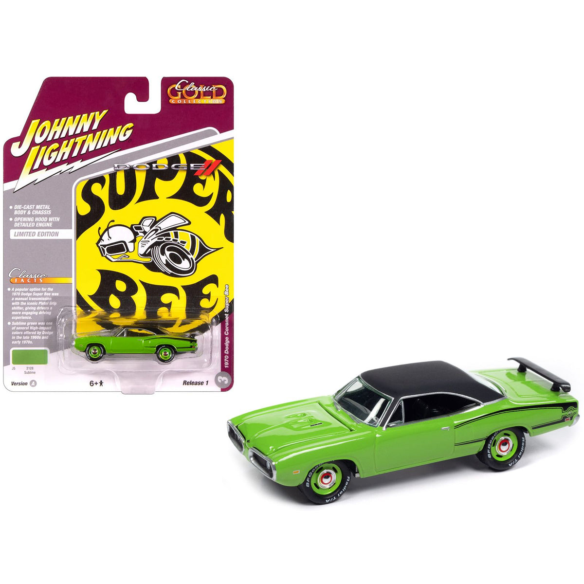 1970 Dodge Coronet Super Bee Sublime Green with Black Stripes and Top "Classic Gold Collection" 1/64 Diecast Model Car by Johnny Lightning