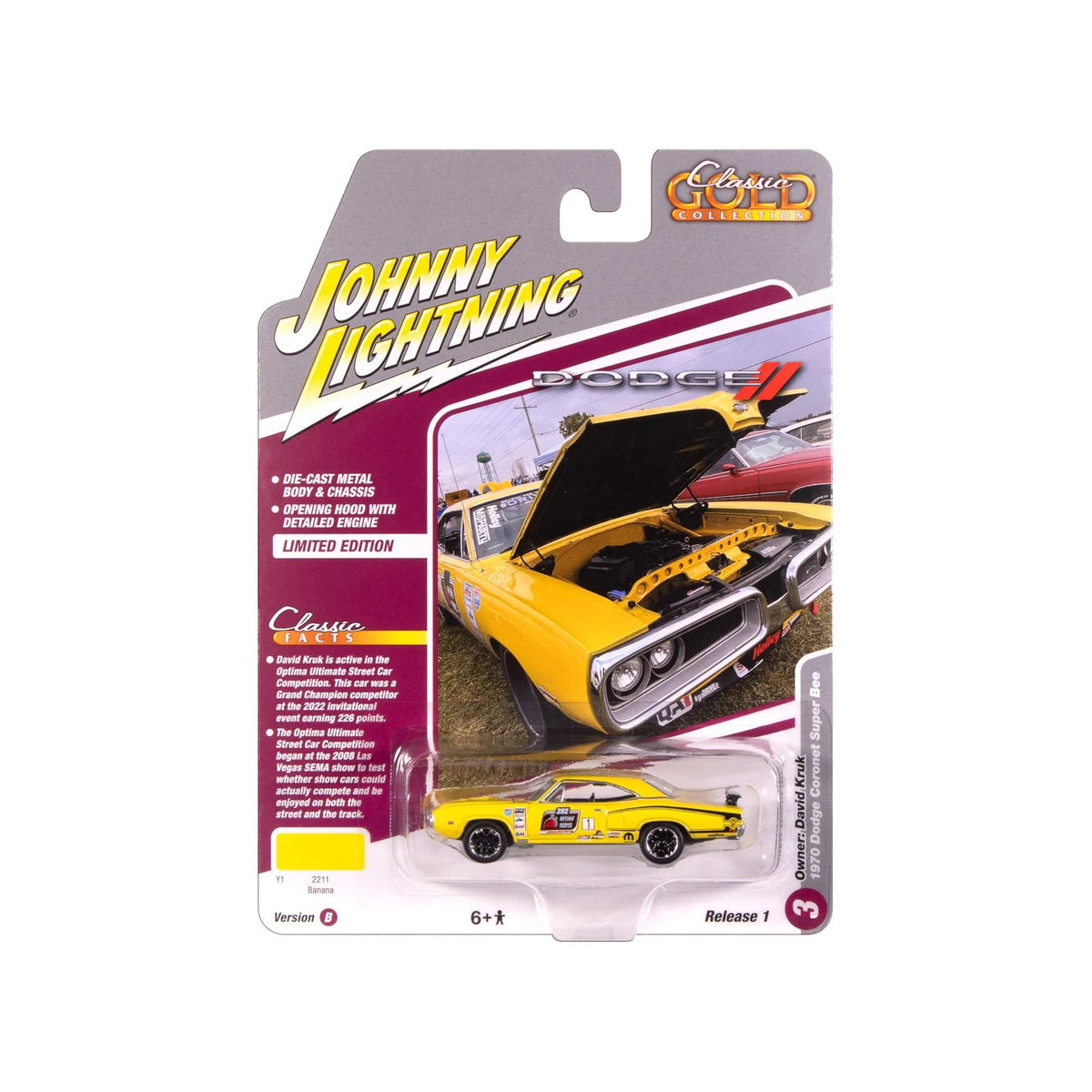 1970 Dodge Coronet Super Bee #1 "David Kruk" Banana Yellow with Black Stripes and Top "Classic Gold Collection" 1/64 Diecast Model Car by Johnny Lightning