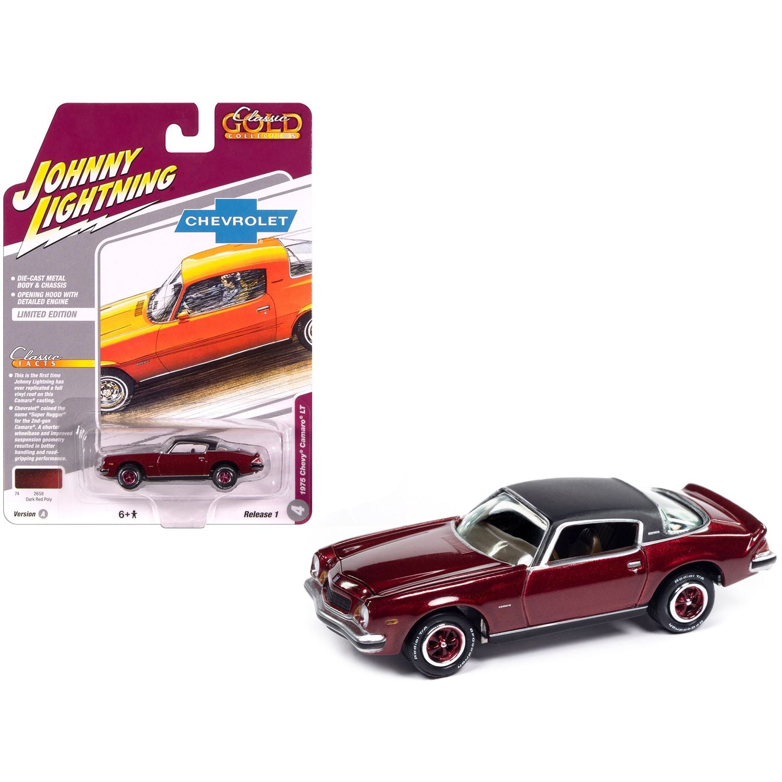 1975 Chevrolet Camaro LT Dark Red Metallic with Black Top "Classic Gold Collection" 1/64 Diecast Model Car by Johnny Lightning