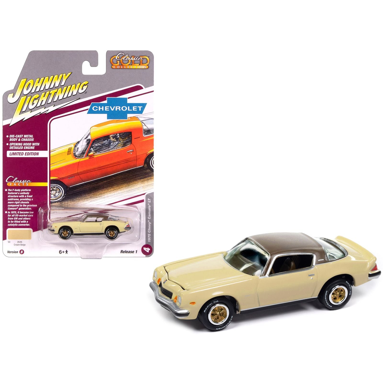 1975 Chevrolet Camaro LT Cream Beige with Brown Top "Classic Gold Collection" 1/64 Diecast Model Car by Johnny Lightning