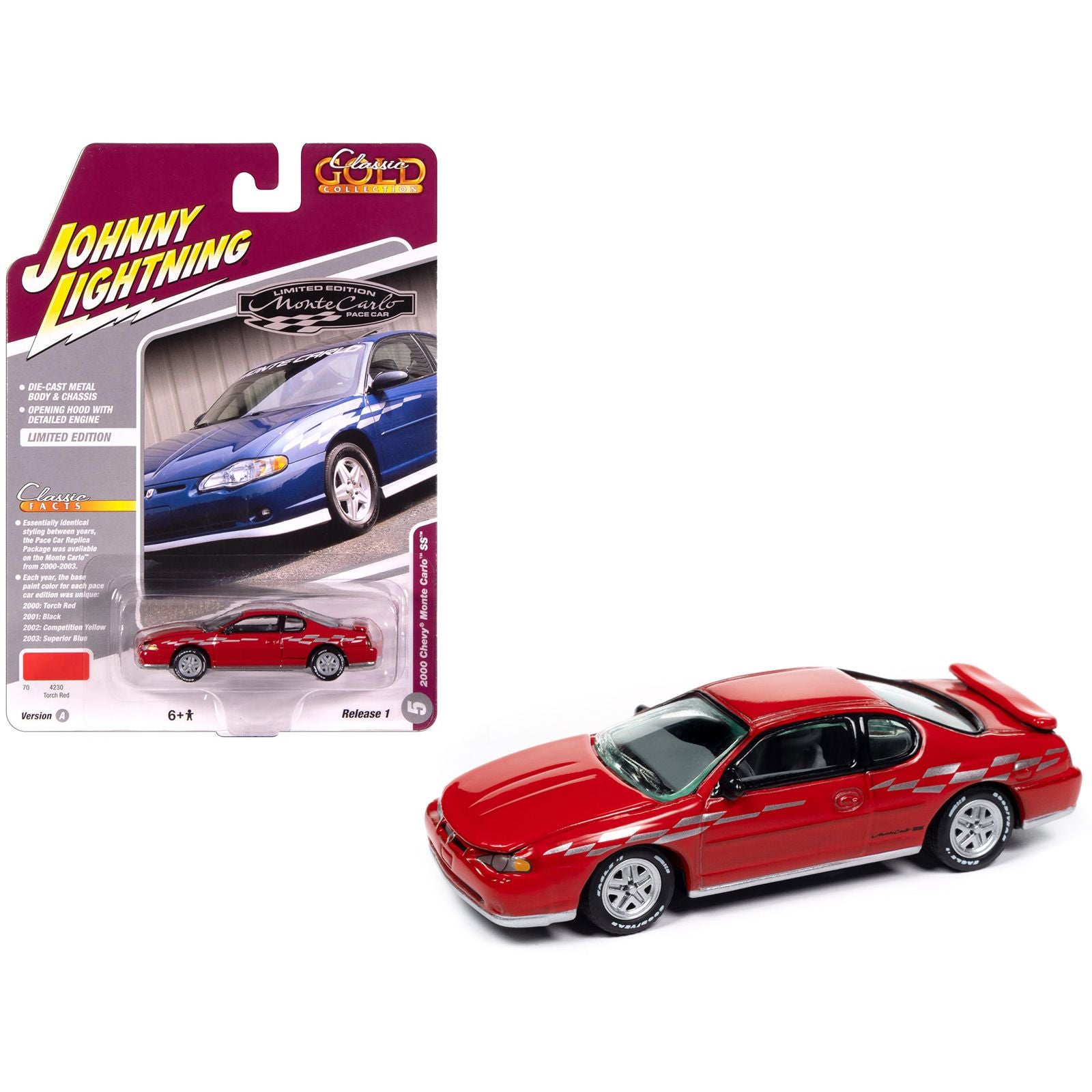 2000 Chevrolet Monte Carlo SS Torch Red with Silver Graphics "Classic Gold Collection" 1/64 Diecast Model Car by Johnny Lightning