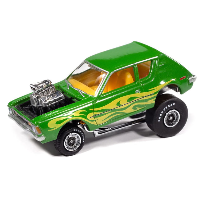 1971 AMC Gremlin Lime Green Metallic with Yellow Flames and Interior "Zingers!" Series 1/64 Diecast Model Car by Johnny Lightning