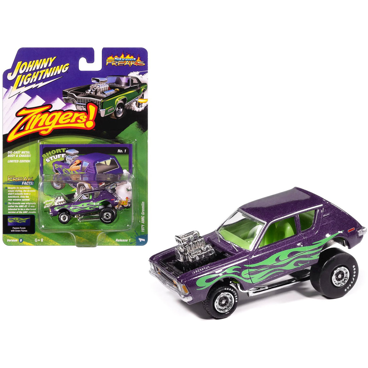 1971 AMC Gremlin Passion Purple Metallic with Green Flames and Interior "Zingers!" Series 1/64 Diecast Model Car by Johnny Lightning
