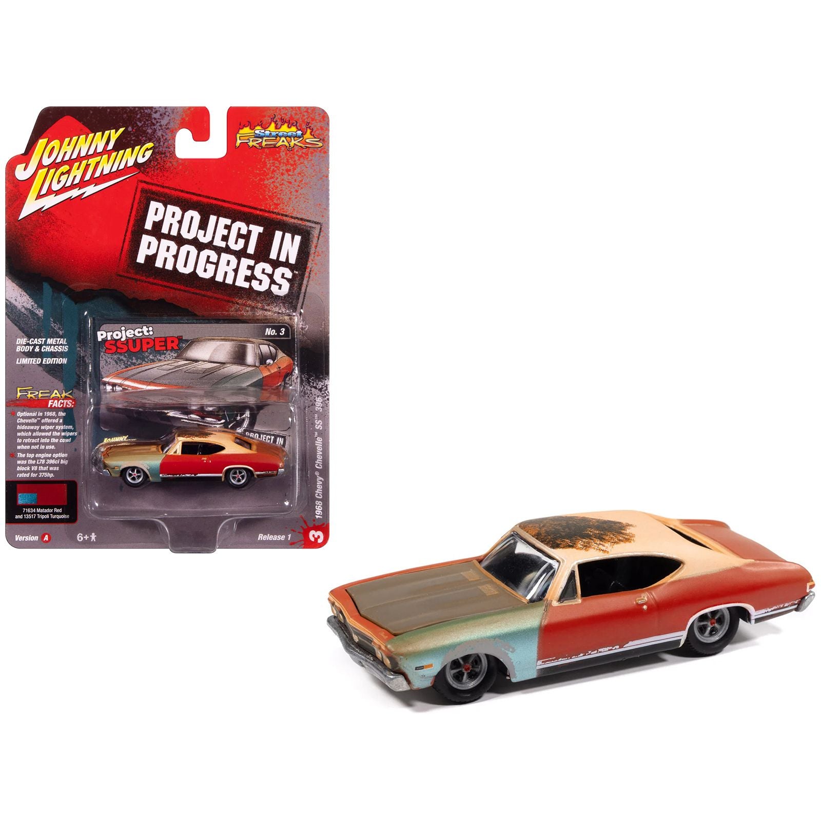 1968 Chevrolet Chevelle SS 396 Matador Red (Weathered) "Project in Progress" Series 1/64 Diecast Model Car by Johnny Lightning