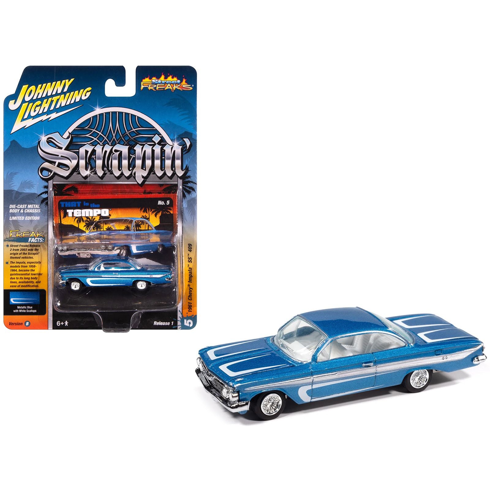 1961 Chevrolet Impala SS 409 Blue Metallic with White Stripes and Interior "Scrapin'" Series 1/64 Diecast Model Car by Johnny Lightning