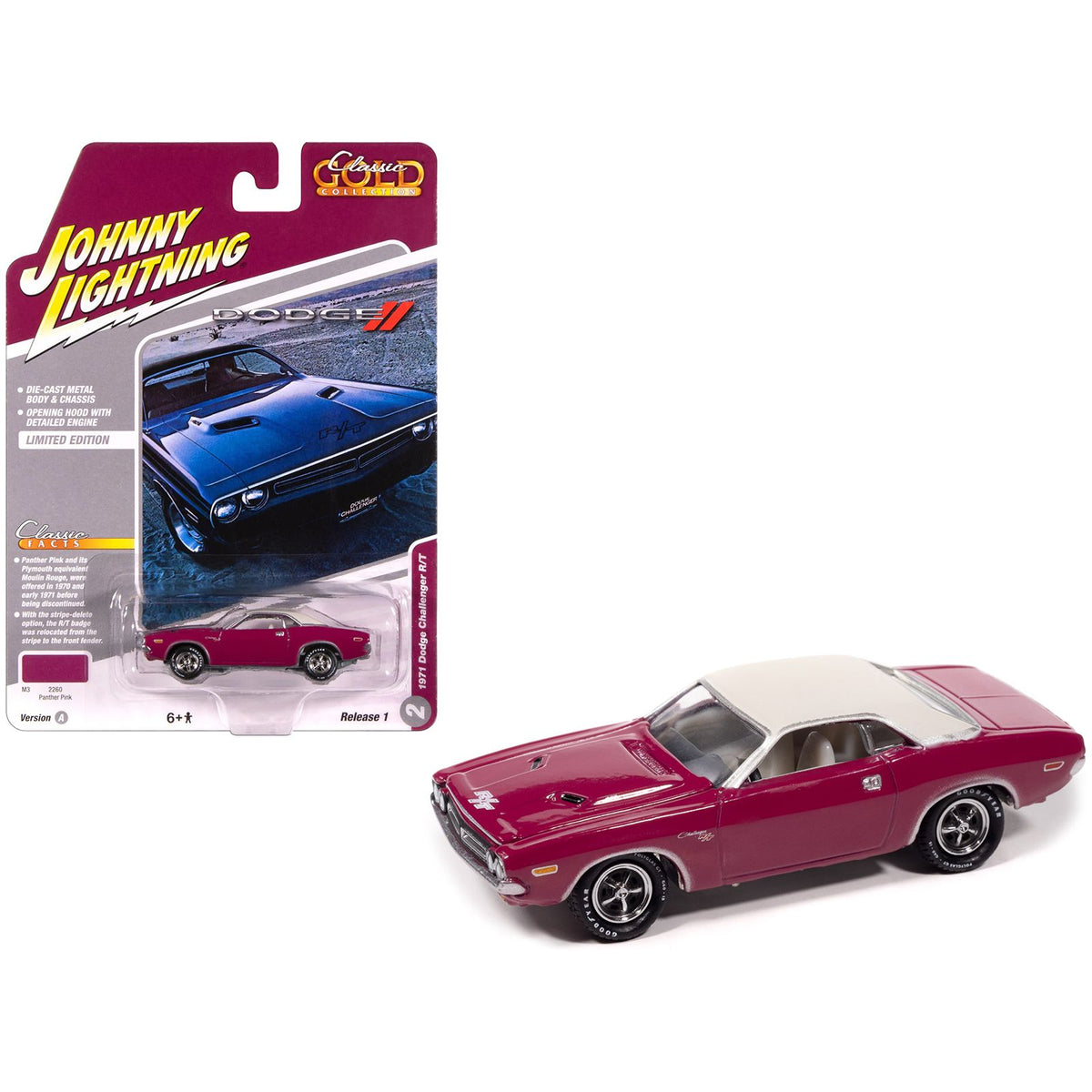 1971 Dodge Challenger R/T Panther Pink with White Top and Interior "Classic Gold Collection" 1/64 Diecast Model Car by Johnny Lightning