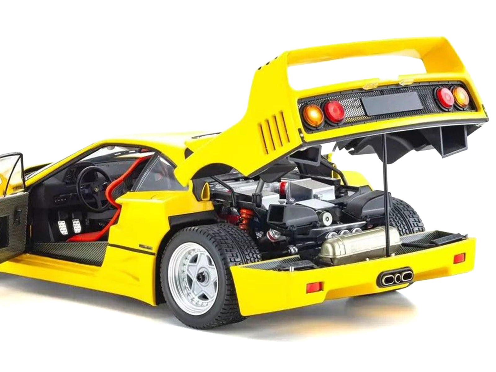 Yellow Ferrari F40 model with open engine bay