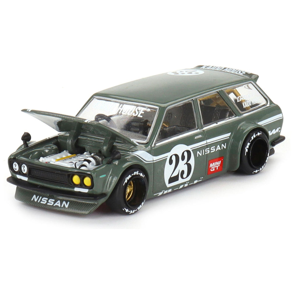 Datsun 510 Wagon V3 RHD (Right Hand Drive) Dark Green with Green Carbon Hood and Rear Gate (Designed by Jun Imai) "Kaido House" Special 1/64 Diecast Model Car by True Scale Miniatures